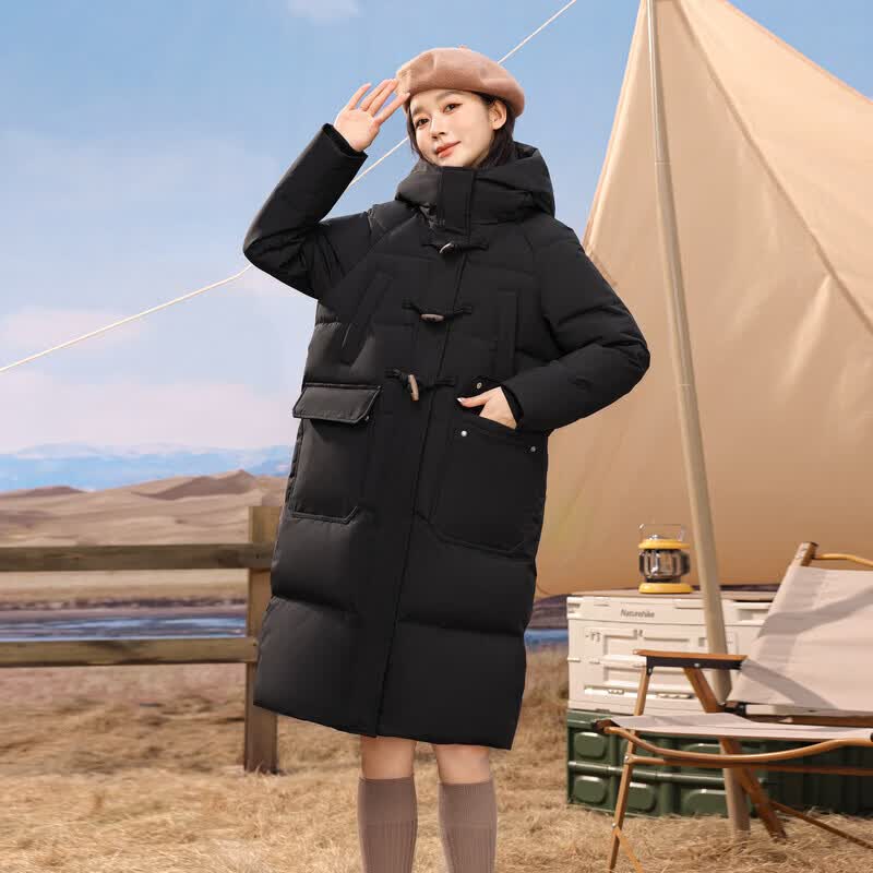 雪中飞中长款羽绒服女【清仓】百搭情侣羽绒服舒适连帽女士羽绒服鸭绒 黑色|8056-0092F S 165/88A