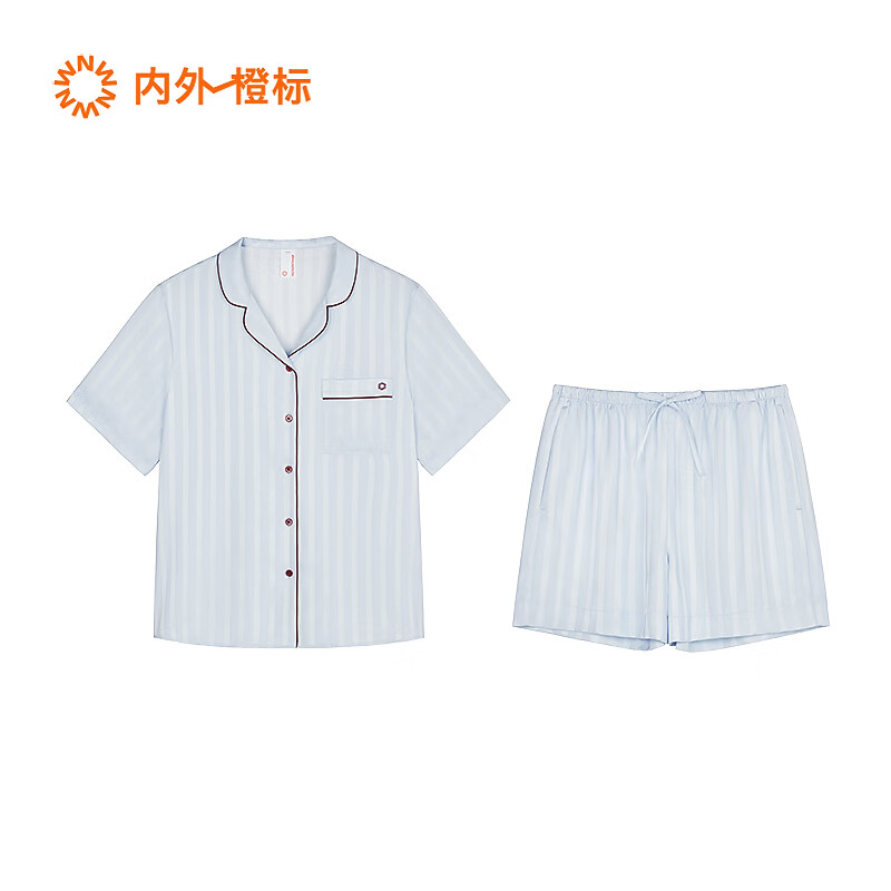 内外(NEIWAI)睡衣女士套装浮光绸珠光感短袖短裤舒适透气NO261WL5705 纯净蓝条纹 M