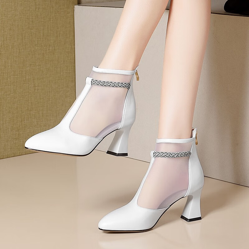 靴镂空春秋单靴子女高跟凉靴女粗跟水钻短靴女尖头牛皮女士皮鞋 白色