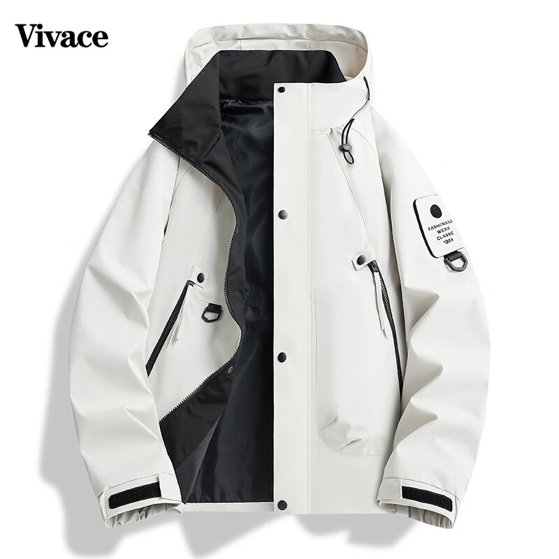 Vivace 春季新款工装夹克连帽外套男冲锋衣男宽松休闲情侣款 黑色 M