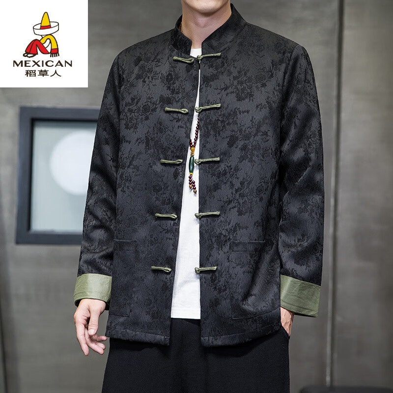 稻草人新中式唐装男中国风秋冬季长袖夹克复古盘扣汉服宽松大码男士外套 黑色 M 100-120斤