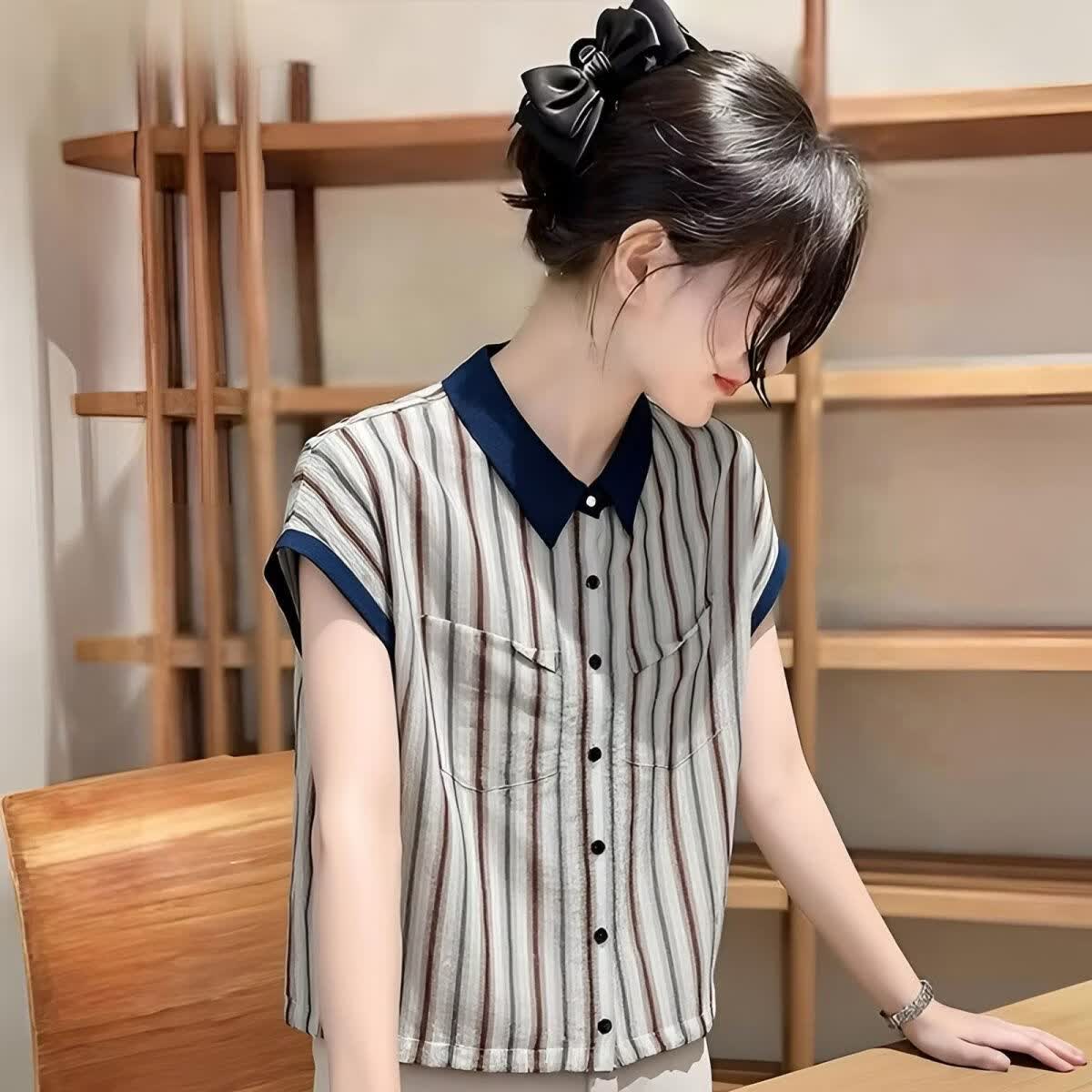 撞色polo领条纹衬衫女2026夏季新款宽松休闲显瘦百搭短袖上衣M 卡其条纹 2XL 建议115-130斤