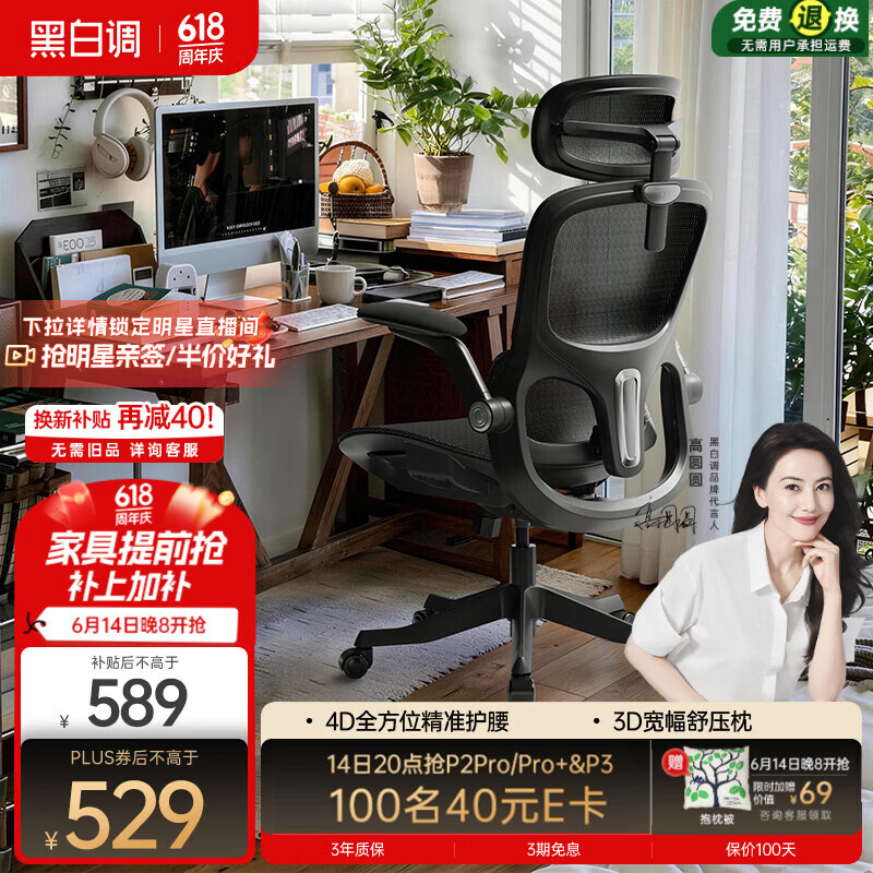 黑白调P2Pro二代人体工学椅电脑椅办公椅电竞椅子人工力学座椅4D腰托