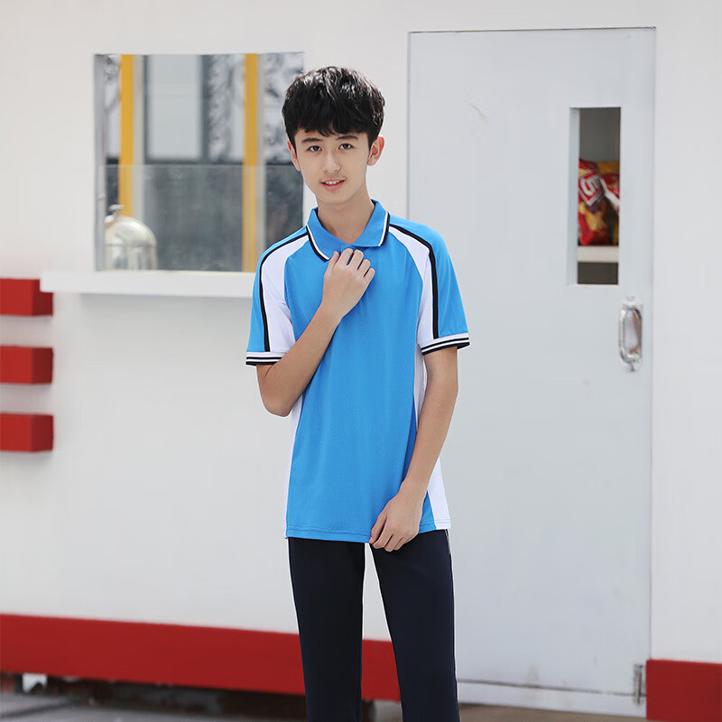 初中生高中学生夏装运动会校服两件套短袖t恤套装上衣可印制 蓝色单