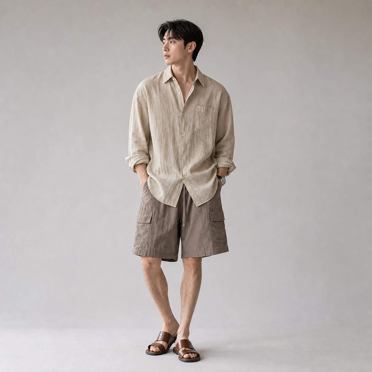 我是大卫亚麻长袖休闲衬衫男夏季薄款透气衬衣复古英伦雅痞慵懒风衬衣外套 卡其色 XL