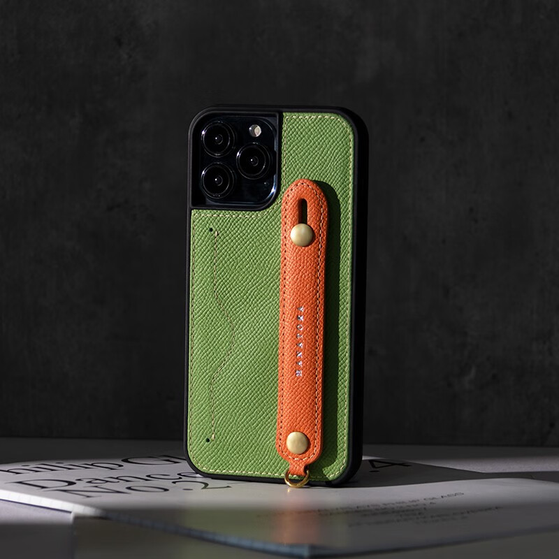 花虎(HANATORA)苹果14Promax手机壳真皮iPhone14Plus带支架带挂绳腕带男款插卡卡包全包防摔女生日式风格高级感 【牛油果绿+橙】配挂脖绳 iPhone14Pro Max(6.7寸)
