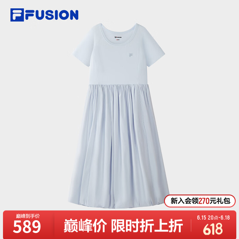 FILA FUSION斐乐潮牌女子连衣裙2026夏新款简约宽松拼接短袖裙子 古冰蓝-BU L 170/88A/L
