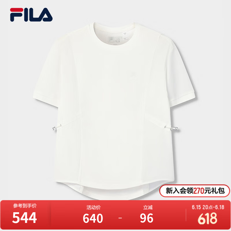 FILA 斐乐官方女子针织短袖衫2026夏新款简约休闲百搭拼接宽松T恤 云白-WT M 165/84A/M