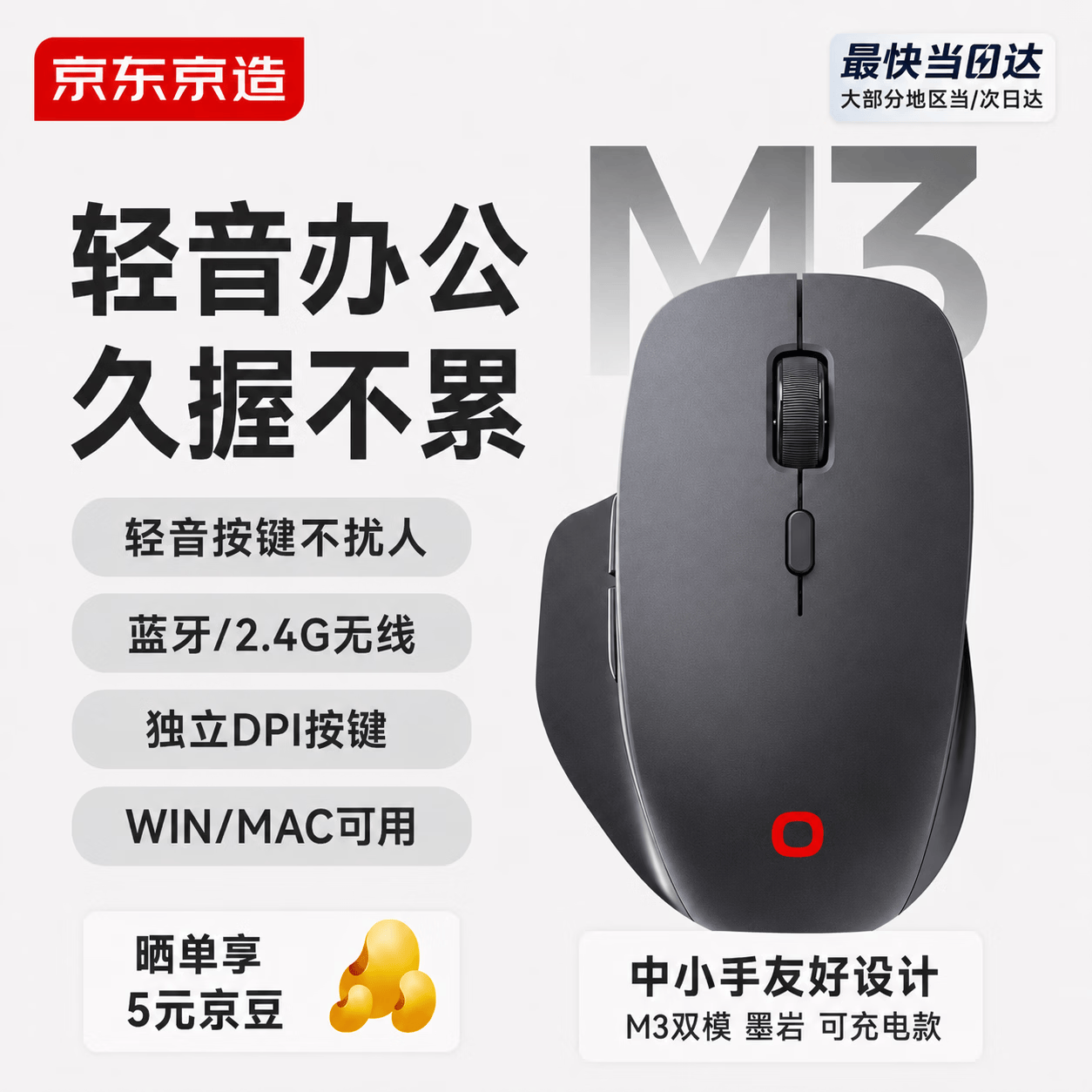 京东京造M3鼠标双模 中小手办公轻音 2.4G无线蓝牙 轻音便携 非对称设计 笔记本电脑台式机企业通用 墨岩