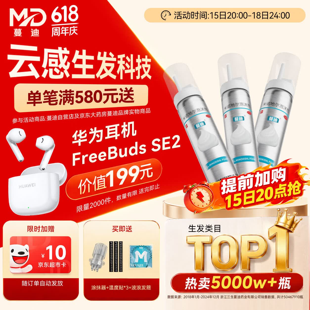 蔓迪【第二代米诺地尔】蔓迪5%生发泡沫剂60g*3（倍速生发 温和低敏）男女专用治脱发防脱育发米洛酊搽剂