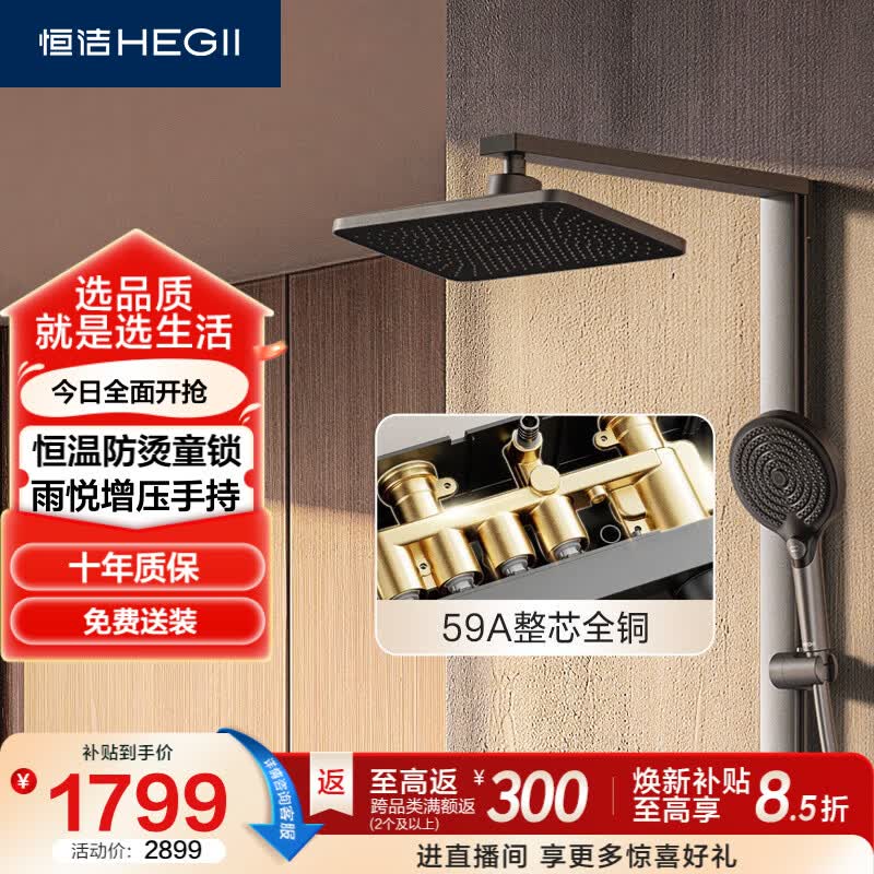恒洁（HEGII）淋浴花洒D50 Max全铜恒温数显淋浴花洒全套DMF967-234S-SH