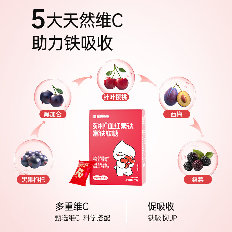 能量堡垒弥补血红素铁富铁软糖 维生素c女性儿童补铁哺乳姨妈期孕妇红枣味 红枣味富铁软糖 90g*3盒 【三盒周期装】效期10月23