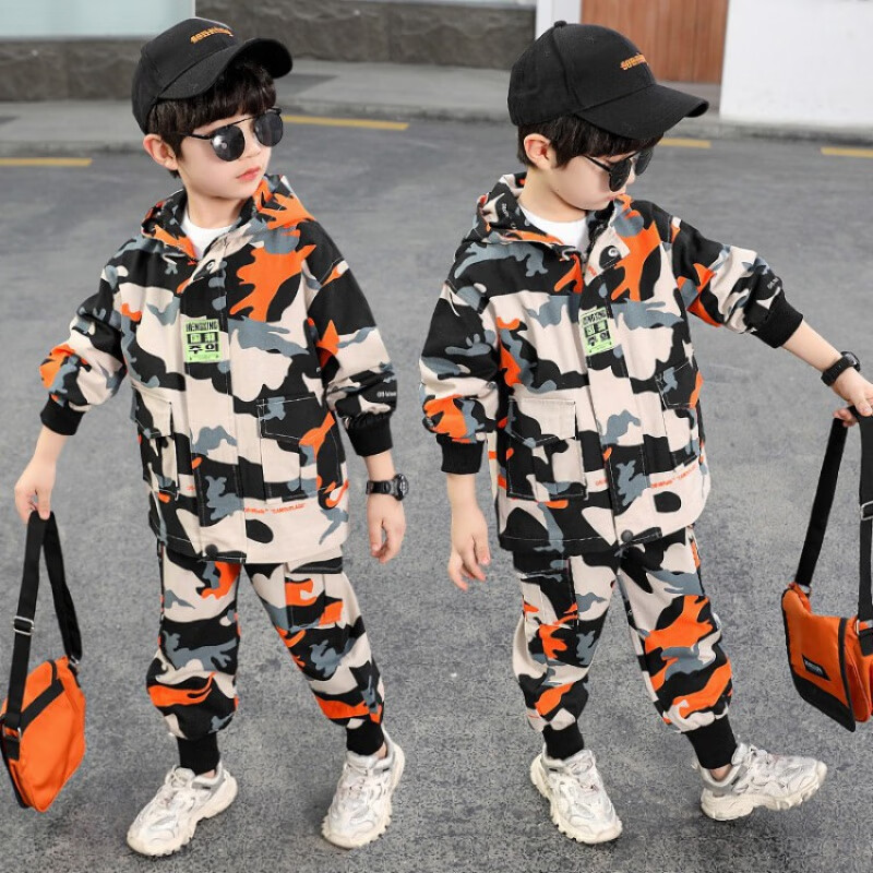 乔僖枫男童迷彩服外套加厚套装男童2023秋冬季新款 橘色迷彩 100cm