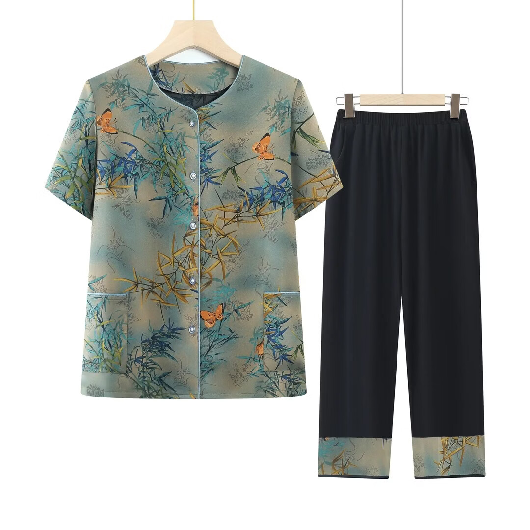 保罗卡弗迪中老年人妈妈短袖夏天开衫衣服两件套装奶奶休闲洋气薄款宽松女装 绿色 短袖+长裤套装 3XL （建议115-130斤）