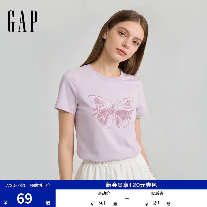 盖璞Gap女装2026春季新款纯棉字母蝴蝶logo圆领短袖T恤休闲上衣858906 淡紫色 M (165/88A) 亚洲尺码 版型偏大建议拍小一码