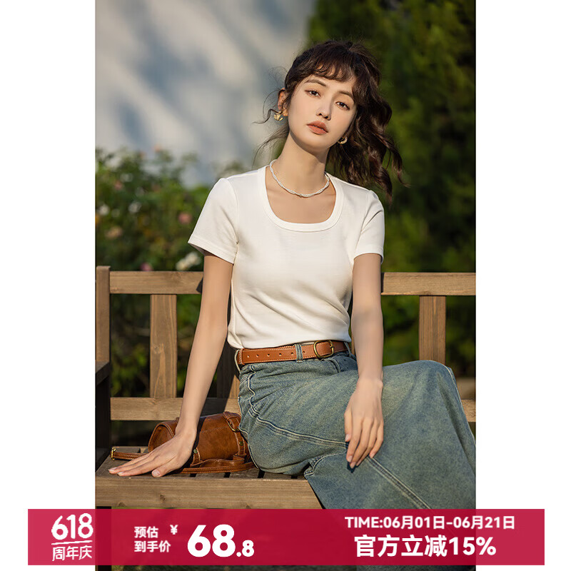 谜秀正肩短袖t恤女2026春夏新方领短款上衣设计感级感chic上衣 米白色 L
