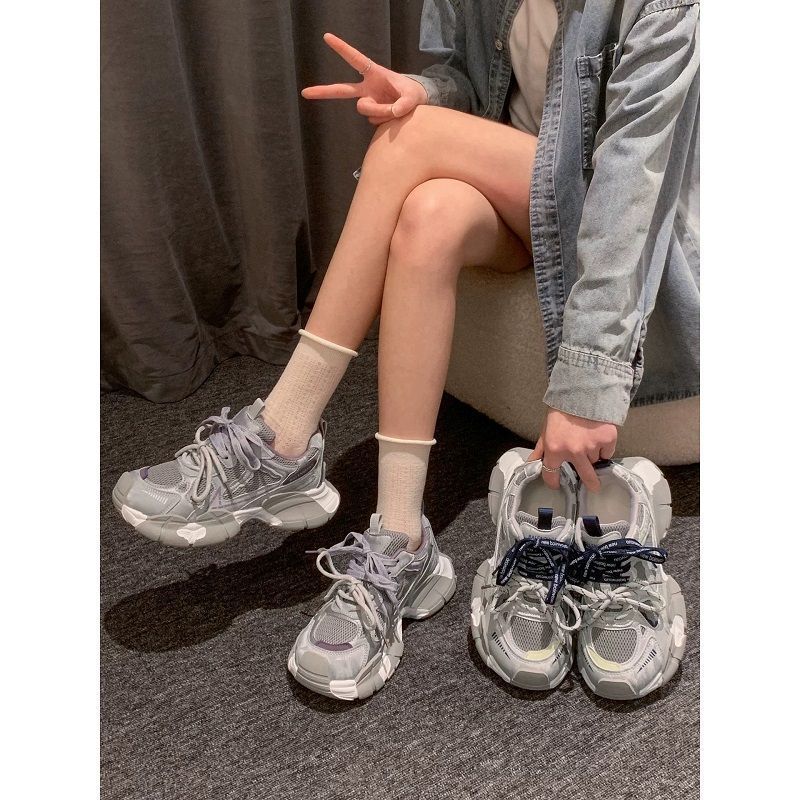 雪兰黛绑带老爹鞋女2026夏季新款软皮厚底增高鞋小个子显脚小运动休闲鞋 兰色 40