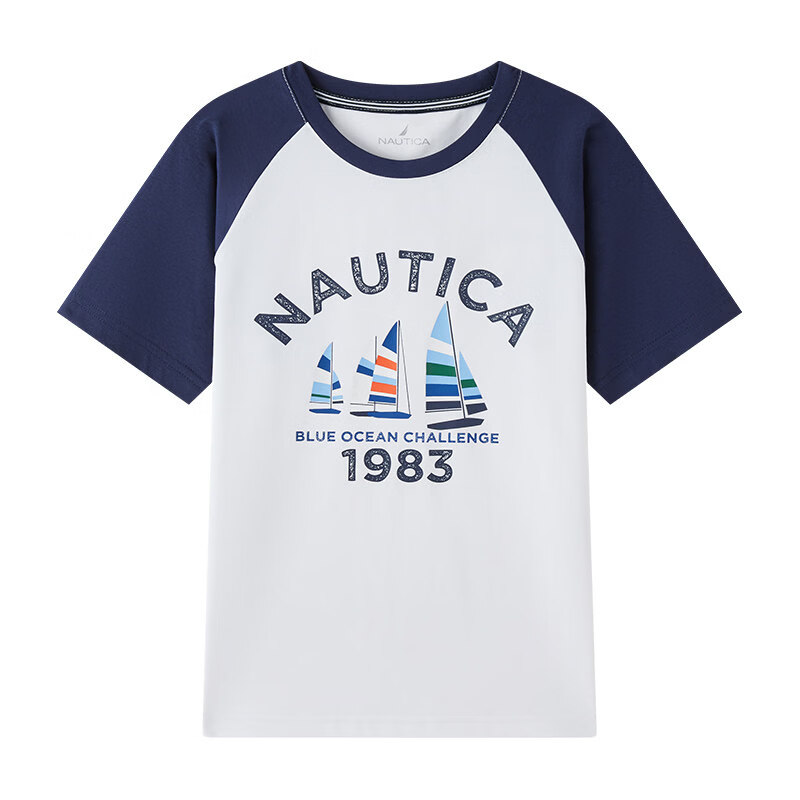 诺帝卡（NAUTICA）【索罗娜原纱凉感】NAUTICA童装男童女童短袖T恤夏季儿童宽松印花 藏青/白色 165 165cm