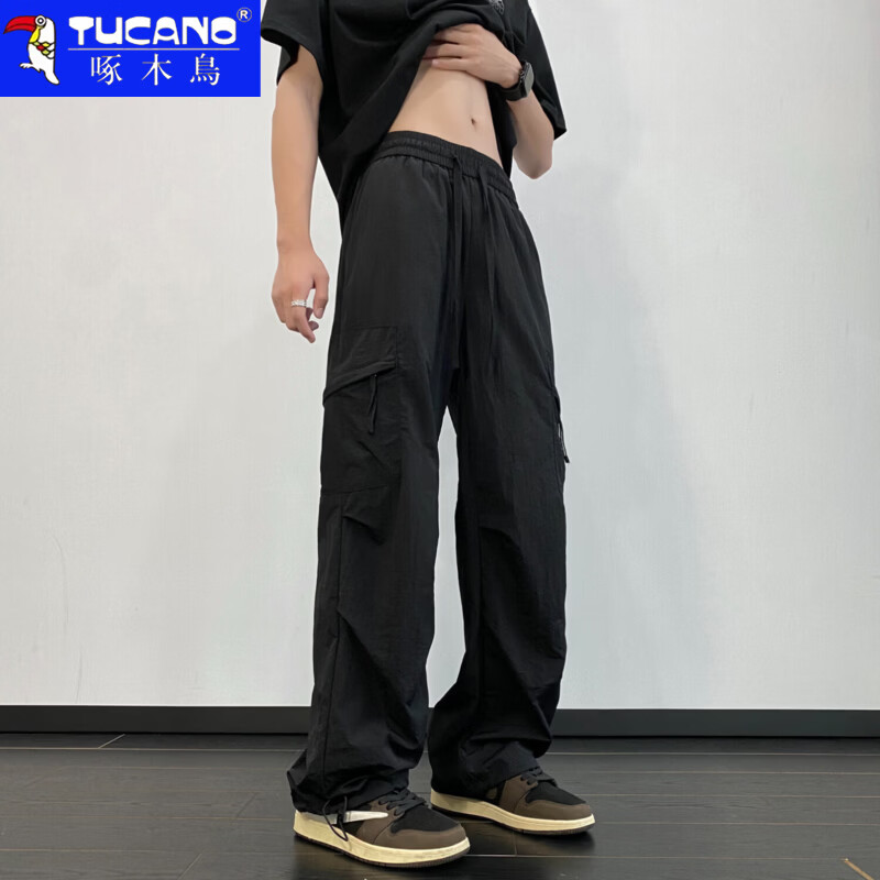 啄木鸟休闲裤男2026夏季新款美式工装裤男青少年宽松百搭潮流冰丝长裤男 黑色 XL 建议130-150斤