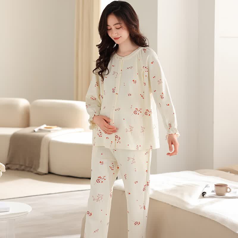 ROVO月子服孕妇装产后睡衣套装夏季薄款产后喂奶产妇哺乳家居服 米色碎花 XXL