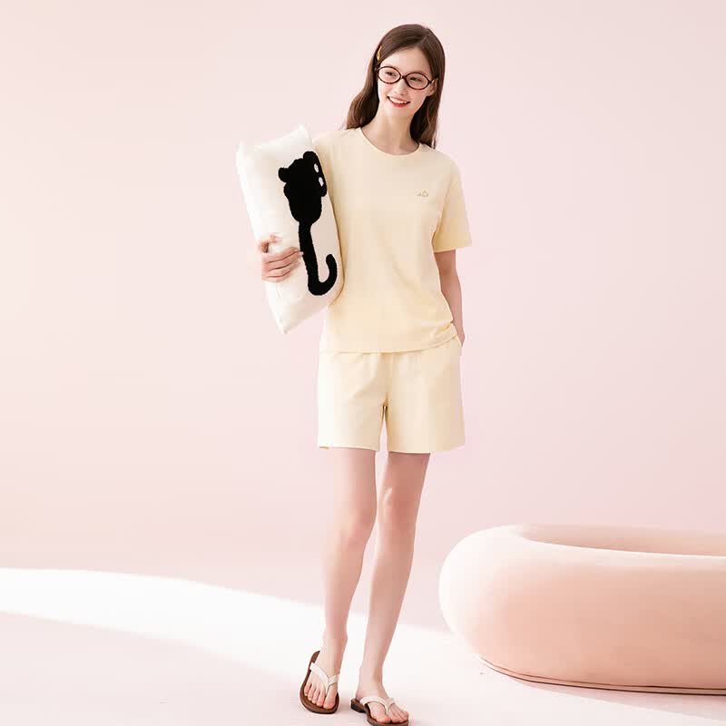 芬腾【7A抑菌】100%纯棉睡衣女2026新款士圆领短袖短裤家居服女套装 奶黄 L