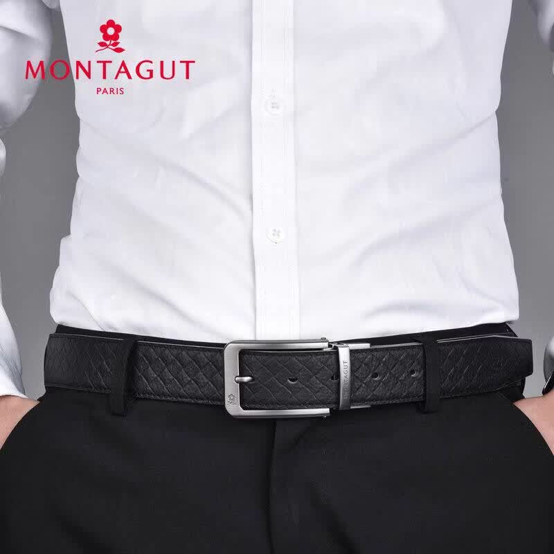 梦特娇(MONTAGUT)皮带男式新款可旋转针扣双面真皮腰带男头层牛皮青中年裤带 荔枝纹 前棕后黑 130cm