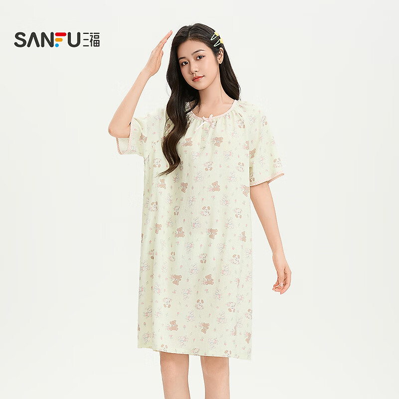 三福(SANFU)蝴蝶结短袖格子睡衣女夏季圆领睡裙宽松柔软连衣裙居家服517960 绿色小熊 S 京东折扣/优惠券