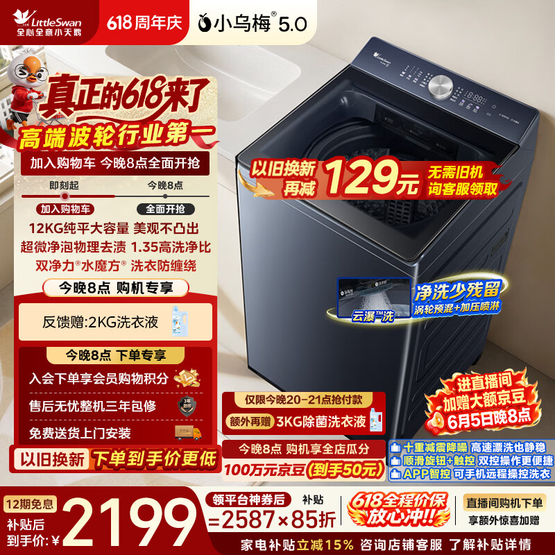 小天鹅（LittleSwan）【价保618】小乌梅5.0 波轮洗衣机全自动家用 12KG大容量纯平 超微净泡 TB12K60 以旧换新京东自营