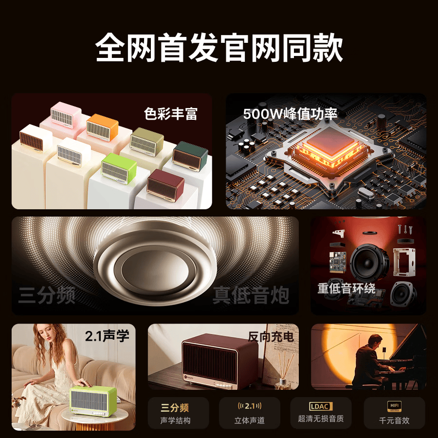 YY SOUND 【三分频】复古蓝牙音箱 高保真家用无线蓝牙音响HIFI音响一体式500W大功率音响居家音响桌面音响 霜白赤金色