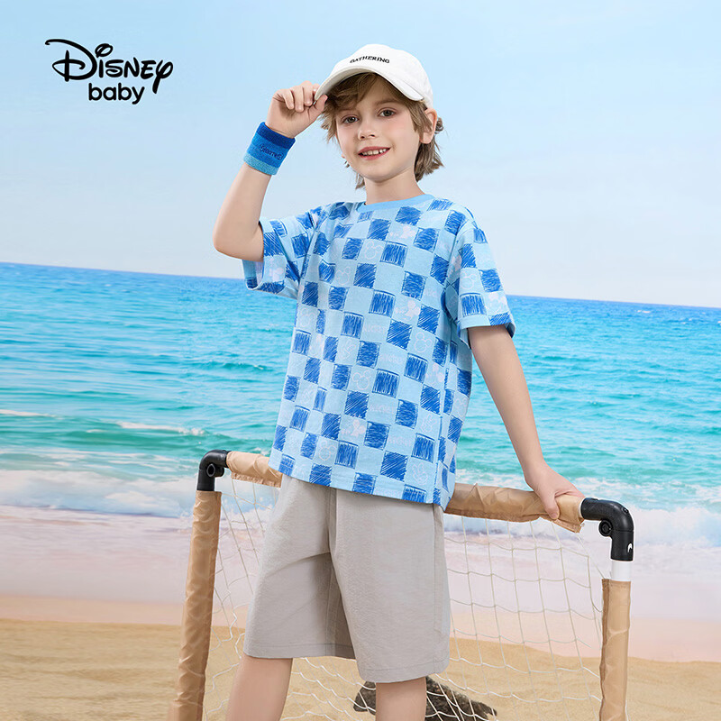 迪士尼（Disney）童装男女童运动套装夏新款跑步儿童短袖休闲两件套夏款上衣短裤 蓝底米奇格纹-纯棉 110 高105-115cm重30-40斤
