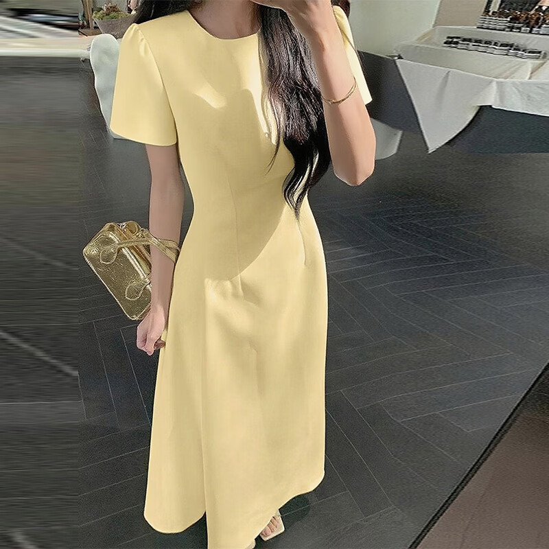GARNUO粉色短袖连衣裙子女2026夏季新款法式高级感气质礼服收腰显瘦长裙 白色【短袖长款】 S 【80-100斤】