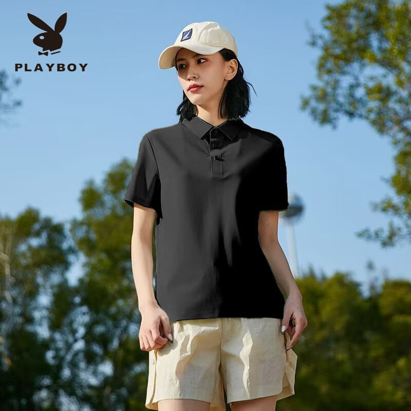 花花公子(PLAYBOY)冰丝无痕POLO衫夏季薄款情侣短袖轻奢休闲透气凉感速干锦纶t恤男 深灰色冰丝短袖 5XL (180-200斤)