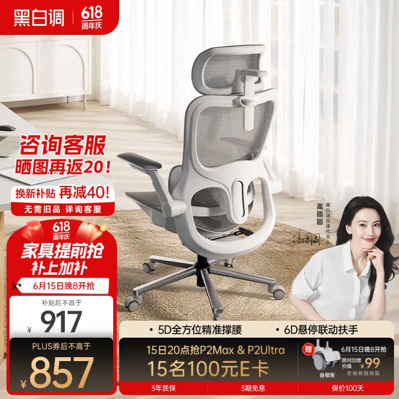 黑白调P2Max 扶手升级款人体工学椅久坐电脑办公椅子电竞椅人工力学座椅 P2Max霜白新版-6D悬停扶手