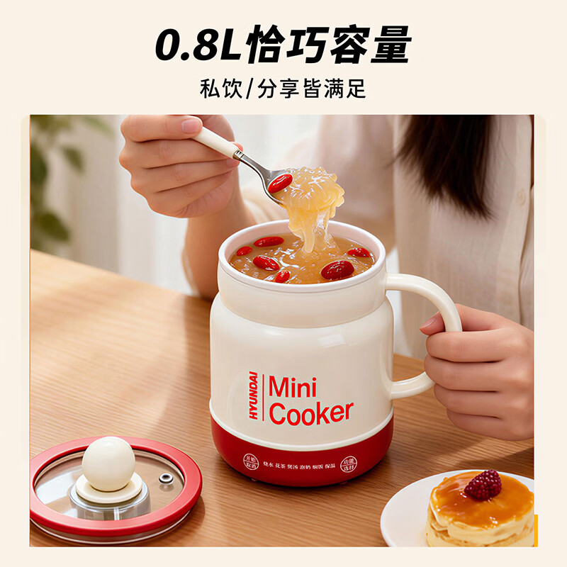 HYUNDAI韩国电炖杯恒温保温陶瓷釉内胆煮火锅多功能便携电饭煲烧水壶养生壶电热水壶恒温壶茶壶温奶器 可视化电炖杯【滤网款】白色款 0.8L