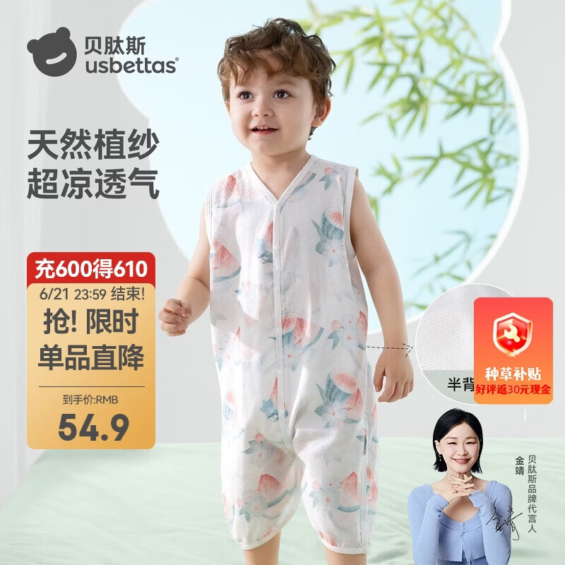 贝肽斯儿童背心睡袋夏季竹棉纱布网眼婴儿睡袋宝宝防踢被子神器西瓜 S