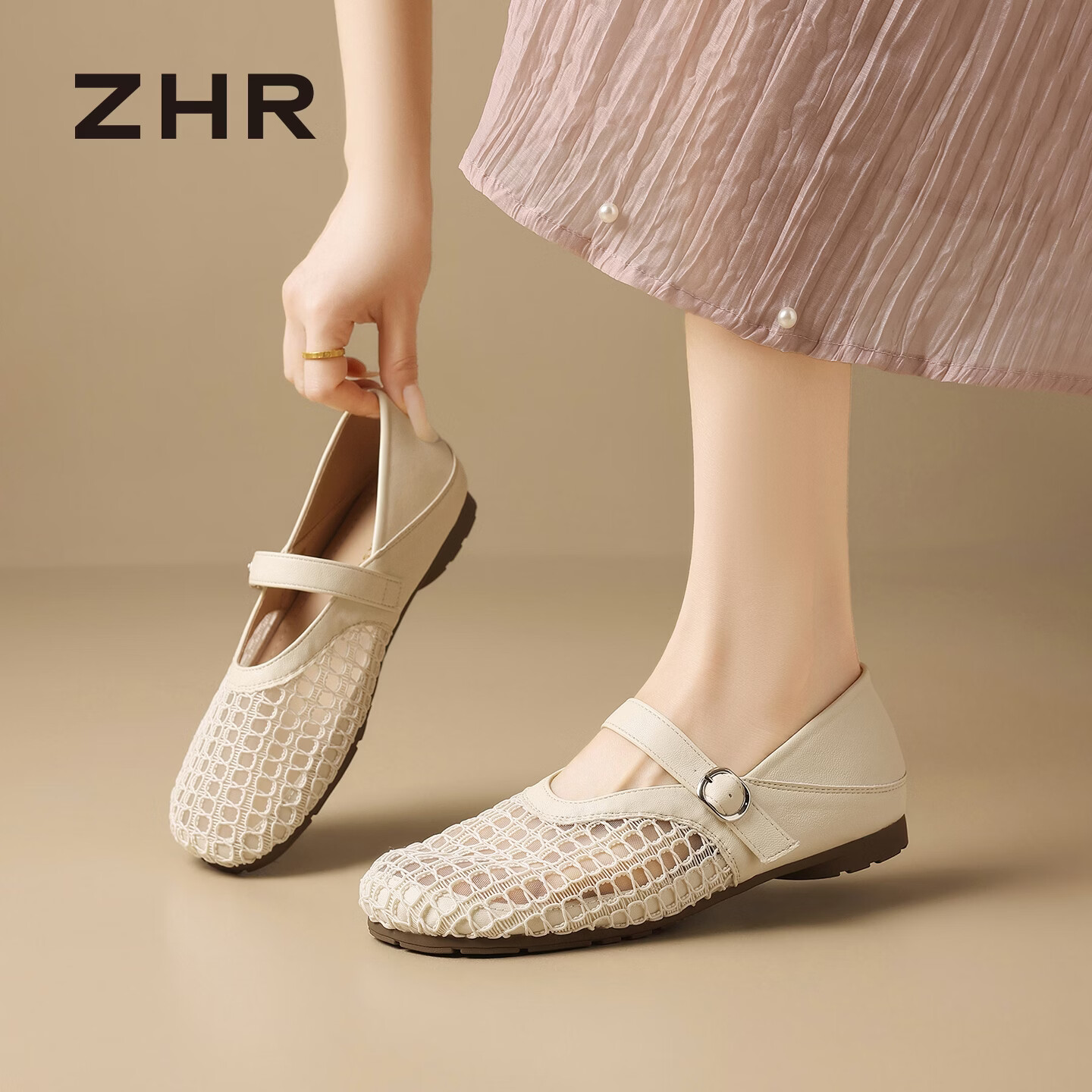 ZHR则则单鞋女夏季镂空网纱两穿凉鞋女软底透气编织玛丽珍女鞋LR25米色39