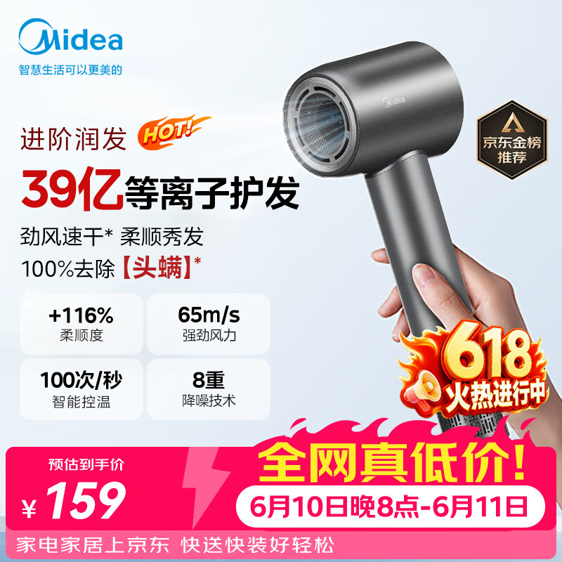 美的（Midea）高速护发吹风机 39亿等离子护发电吹风 大功率速干 家用负离子吹风筒FG208灰 节日礼物价保618