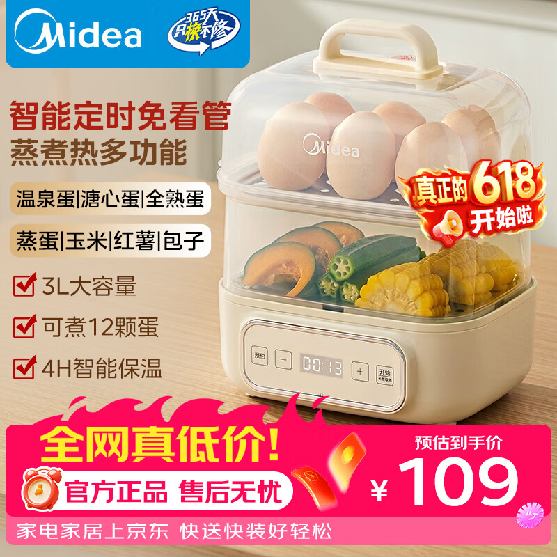 美的煮蛋器蒸蛋器双层家用迷你小蒸锅早餐鸡蛋羹自动断电防干烧便携式家用MZ-ZDE2015D - 86线报