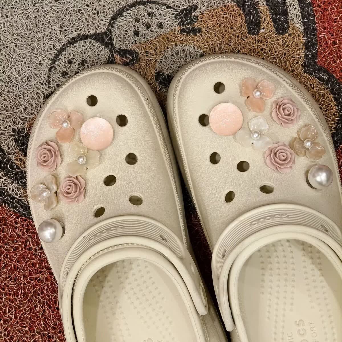 EOENKKY新款鞋花“午后蔷薇”洞洞鞋高级配饰适配crocsDIY粉色小众鞋扣 午后蔷薇/14件套(不含鞋子)