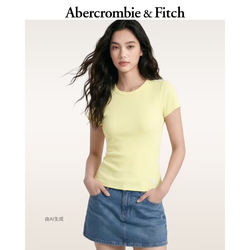 Abercrombie &amp; Fitch经典小麋鹿图案美式修身内搭短袖T恤26夏女装139-6318 黄色 M (165/96A)