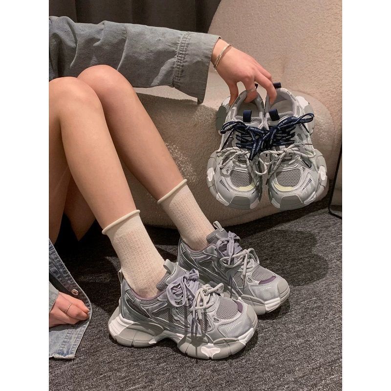 雪兰黛绑带老爹鞋女2026夏季新款软皮厚底增高鞋小个子显脚小运动休闲鞋 兰色 40