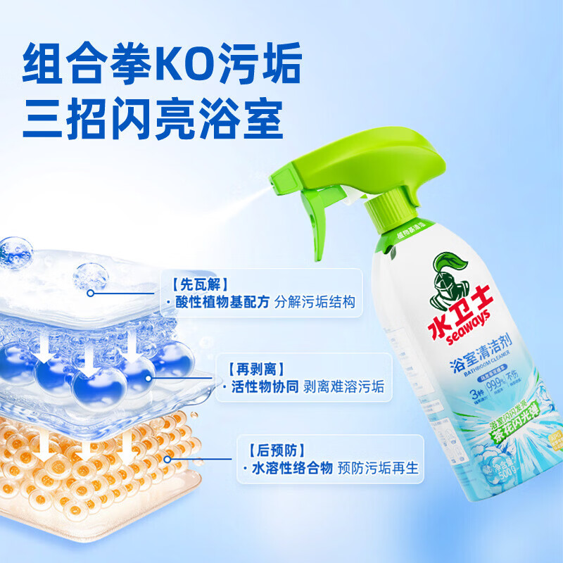 水卫士浴室玻璃清洁剂墙面玻璃地砖水垢清洁剂多功能清洗除菌去水 浴室清洁剂500g*3瓶