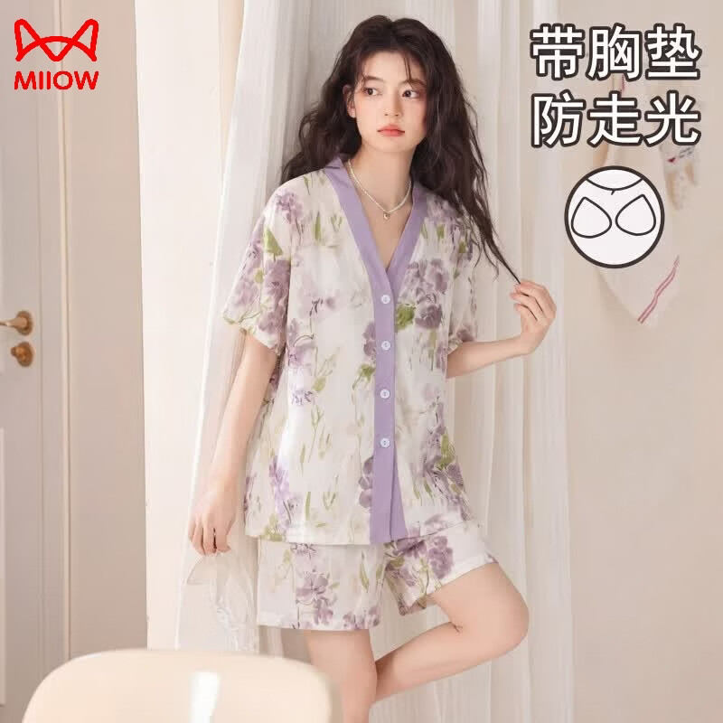 猫人（MiiOW）带胸垫睡衣女款防走光夏季短袖短裤水墨紫花开衫可外穿家居服套装 4421#紫罗兰【带胸垫】 L 【女95-115斤】
