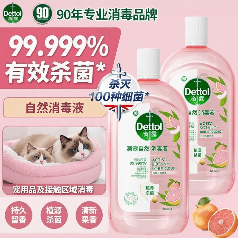 DettoI香氛滴露消毒液香氛杀菌除螨衣物持久留香居家宠物除臭剂 48H持久留香1L*两瓶