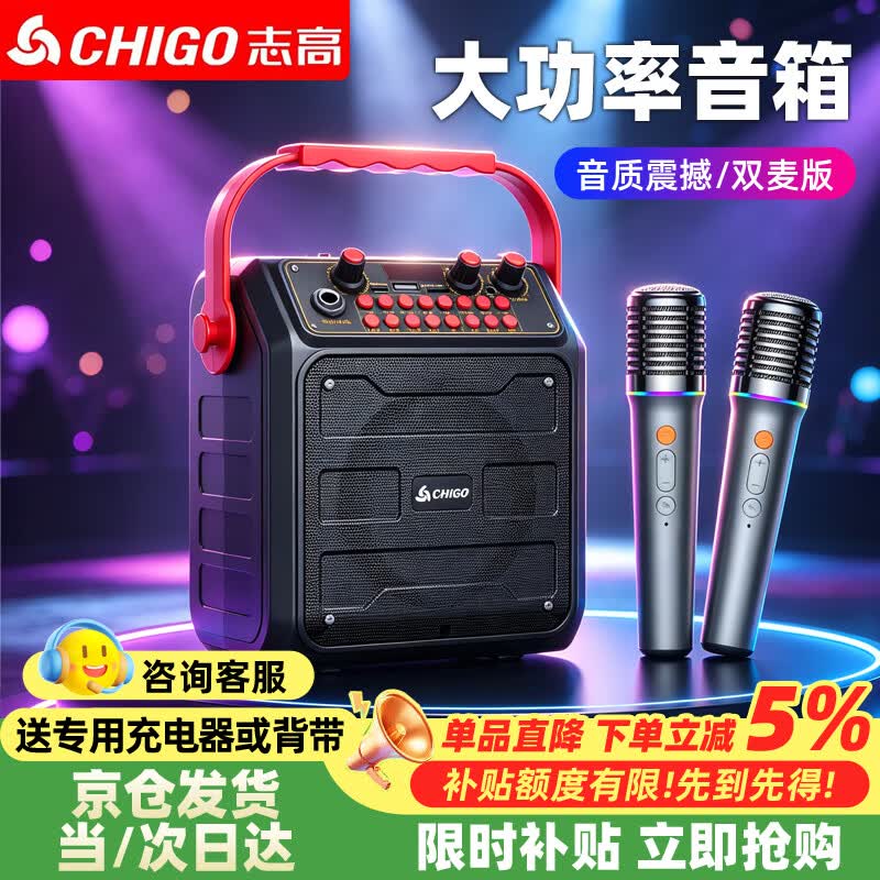 志高（CHIGO）蓝牙手提音箱户外K歌便携大音量新款家用商用户外无线音响防破音迷你大功率长续航新款升级多功能