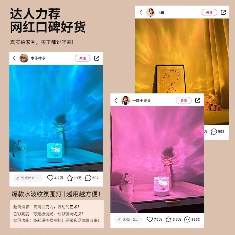 溥畔小夜灯水波纹氛围灯情侣浪漫高颜值台灯卧室床头睡眠灯 [充电款]16色动态光效+遥控+触摸