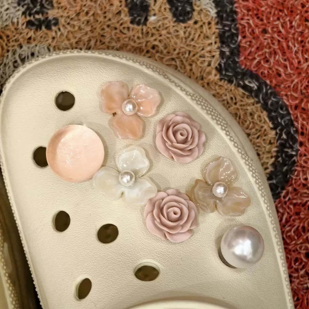 EOENKKY新款鞋花“午后蔷薇”洞洞鞋高级配饰适配crocsDIY粉色小众鞋扣 午后蔷薇/14件套(不含鞋子)
