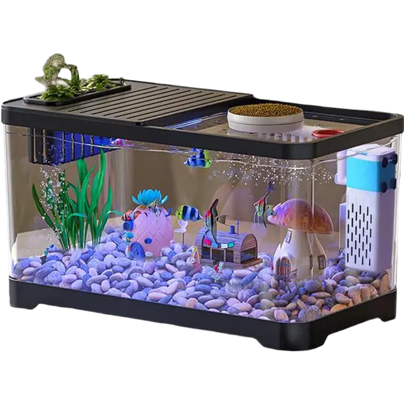 宠小岛鱼缸水族过滤制氧一体机2026新款客厅生态高清带盖造景塑料金鱼缸 【高级白】50过滤带灯测温【升级款】