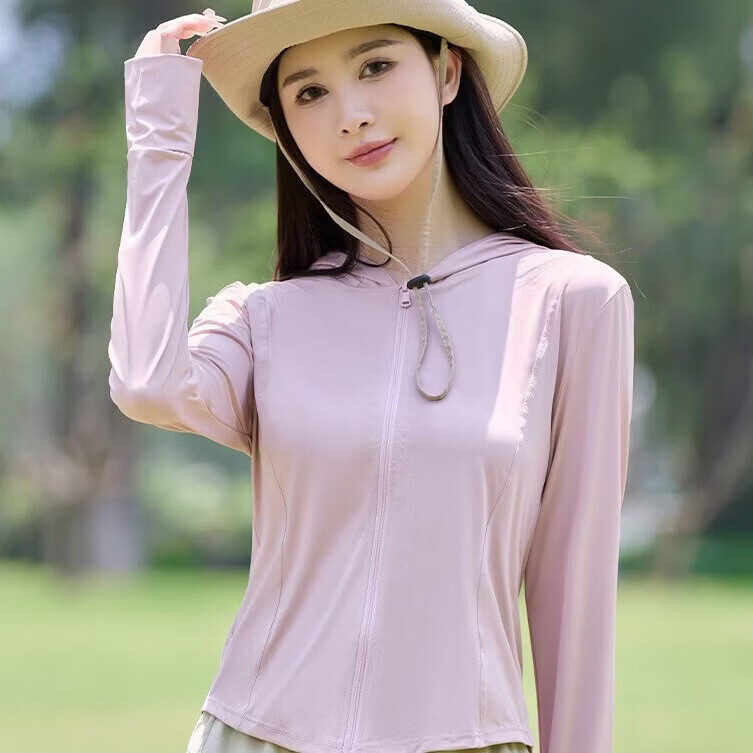 美奈貂冰丝防晒衣女夏季新款修身长袖衫轻薄款百搭防晒服大码连帽外套 粉色 XL (适合120-140斤)