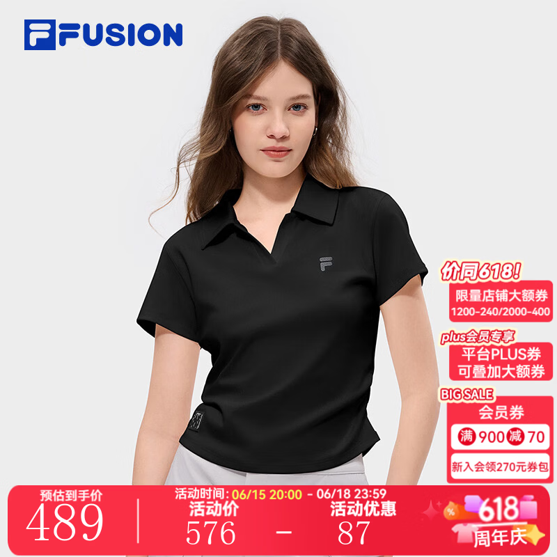 FILA FUSION斐乐潮牌女子POLO短袖衫2026夏季新款显瘦修身翻领T恤女 正黑色-BK S 160/80A/S